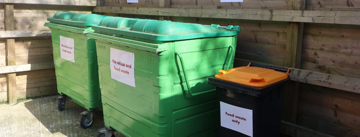 Image of green recycling bins and food waste bins