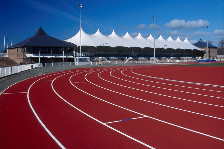 Daytime view of the running track at Julie Rose Stadium