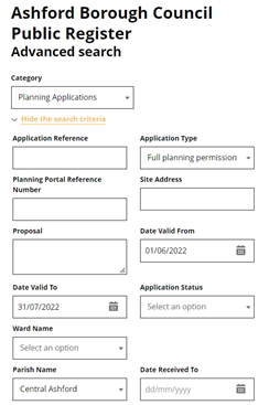 Screenshot of the advanced search of the application search tool