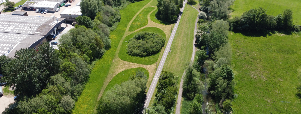 Aerial drone image of Queen Mother's Park after meadow extension in Ashford