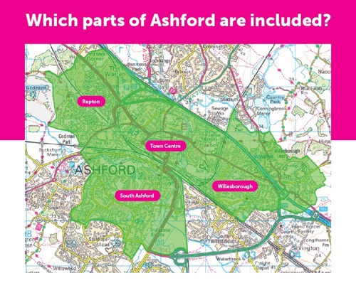 A map of Ashford that highlights the included areas of CGR. Green coverage denotes areas included. The areas included are Repton, Town Centre, Willesborough and South Ashford