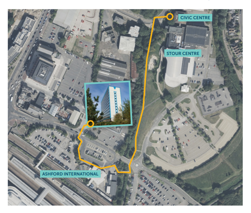 An aerial map showing the safe walking route between the Civic Centre and International House