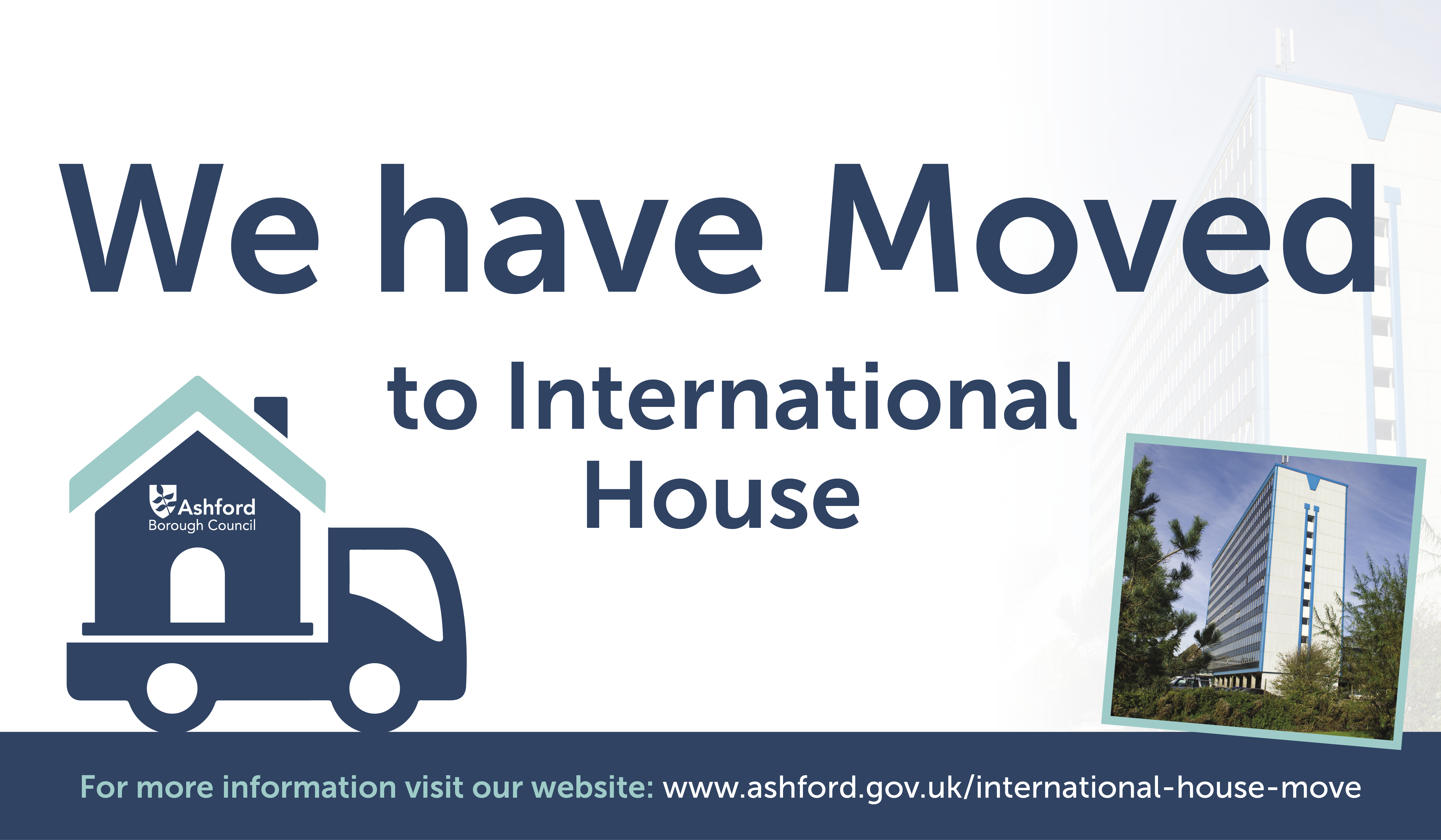 International House move graphic with text that reads: We have moved tile