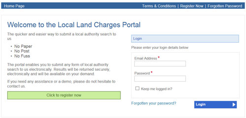 Image of the Land Charges portal landing page