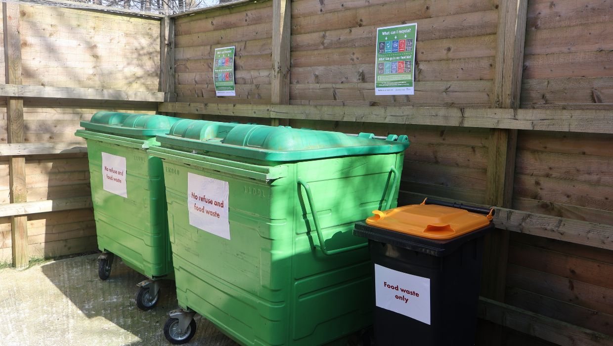 Image of green recycling bins and food waste bins