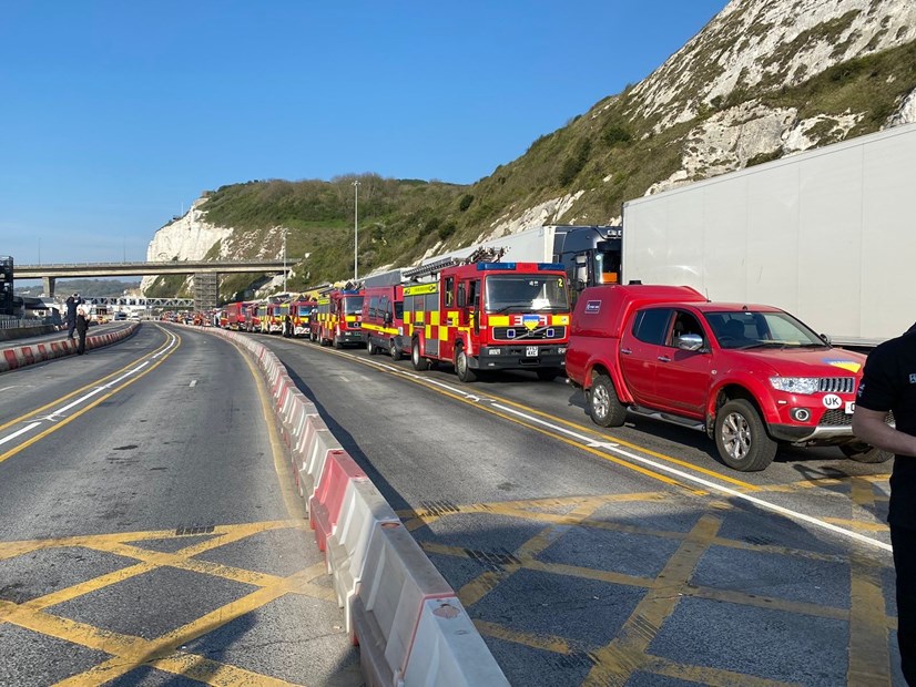 Convoy of fire engines travelling on a motorway near Dover, on route to Ukraine