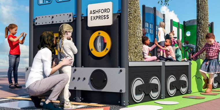 CGI of play train with the sign 'Ashford Express'