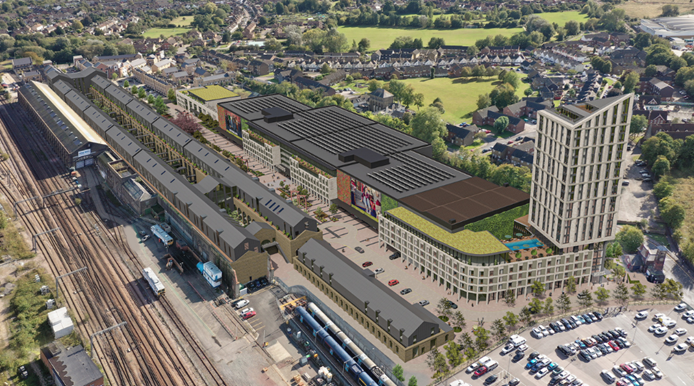 CGI view of the proposed Newtown Works and Ashford International Studios development in Ashford