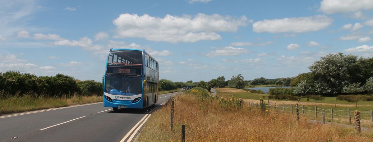 A Stagecoach South East bus on the road in Camber