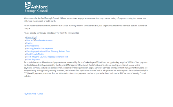 Ashford Borough Council's 24 hour secure internet payments service.